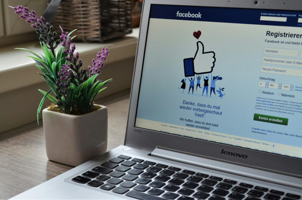 A laptop displays the Facebook login page next to a small potted lavender plant.