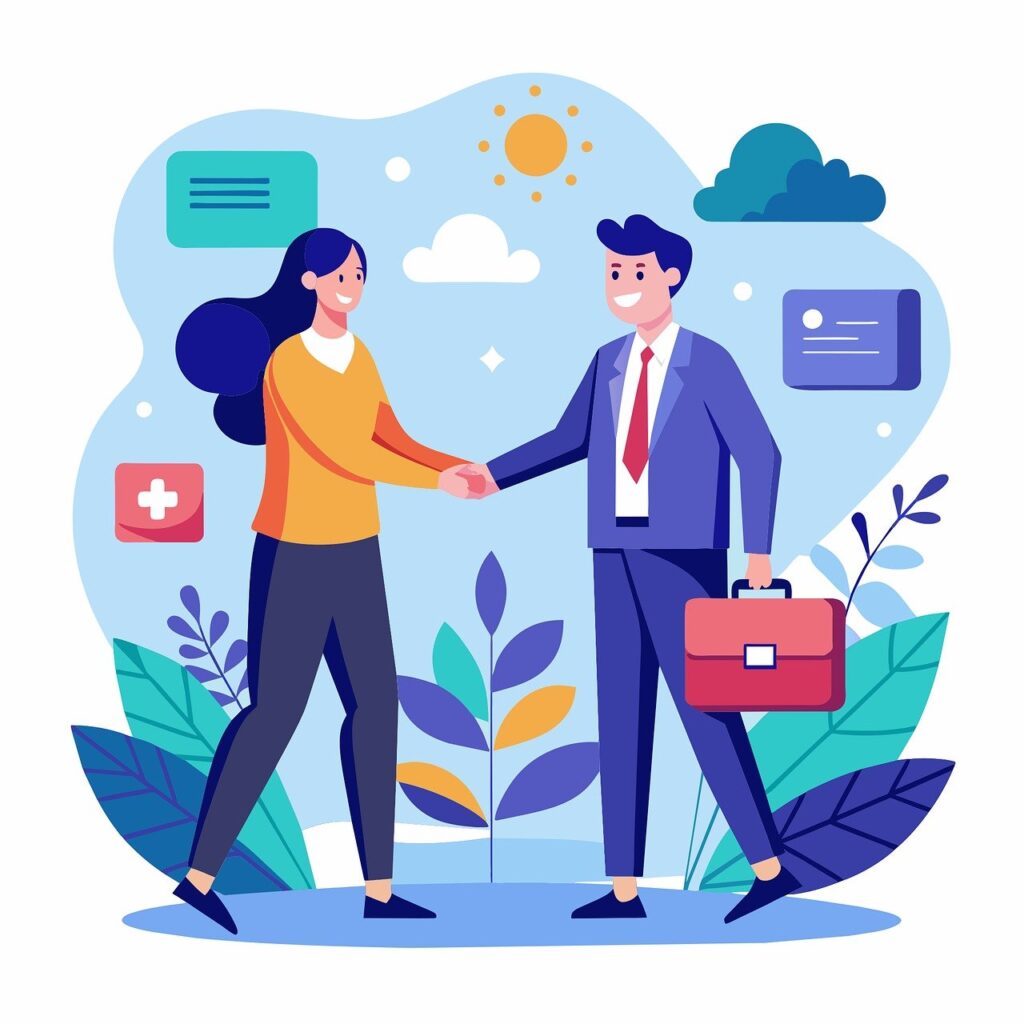 Email Marketing Agency: Illustration of a businesswoman and businessman shaking hands in a professional setting with nature elements and icons in the background, symbolizing successful partnership, collaboration, or client onboarding.