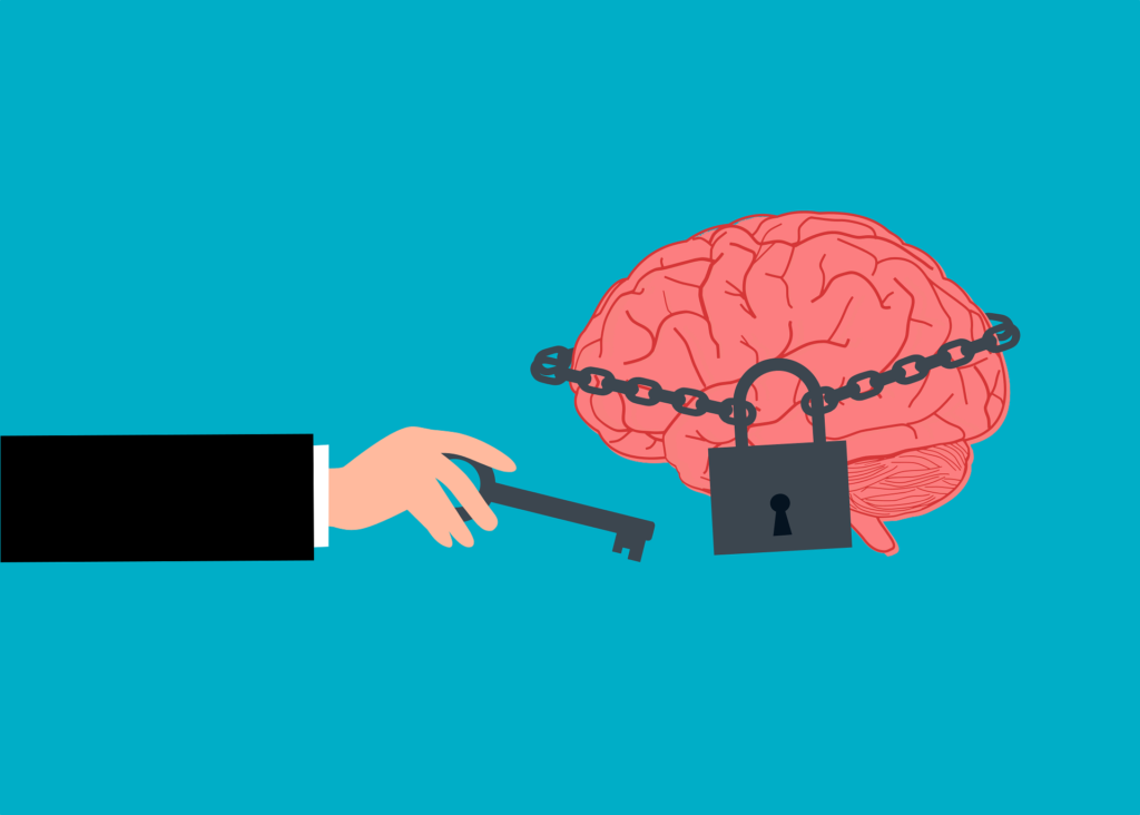 Facebook ads agency near me. An illustration shows a stylized human brain, pink in color, secured with a blue padlock and wrapped in a chain. A light-skinned hand extends from the left, holding a key towards the lock. Below the illustration, text reads "Enhanced Engagement and Customer Interaction" followed by a description of how Facebook ads generate interactions and build relationships. The background is a gradient of blue