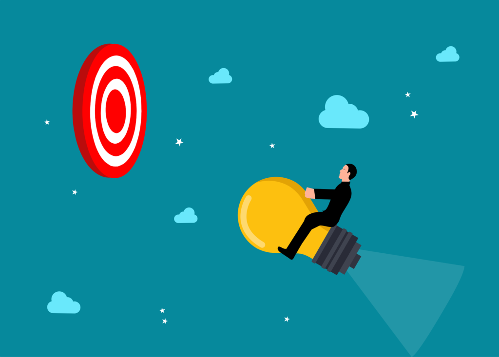 Illustration of a businessman riding a rocket-powered lightbulb toward a red target, symbolizing goal-driven PPC campaigns; perfect visual for a Google Ads Agency in Surat.