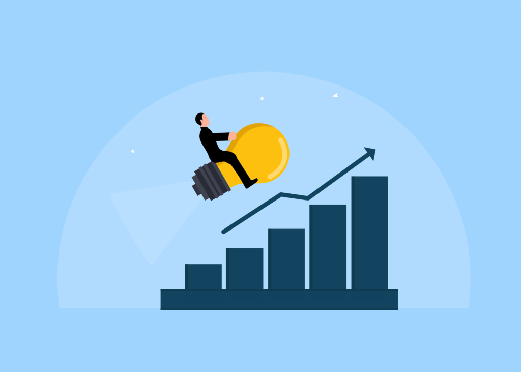 a businessman riding a lightbulb rocket above a rising bar graph, symbolizing business growth through digital advertising; ideal for a Google Ads Agency in Surat.