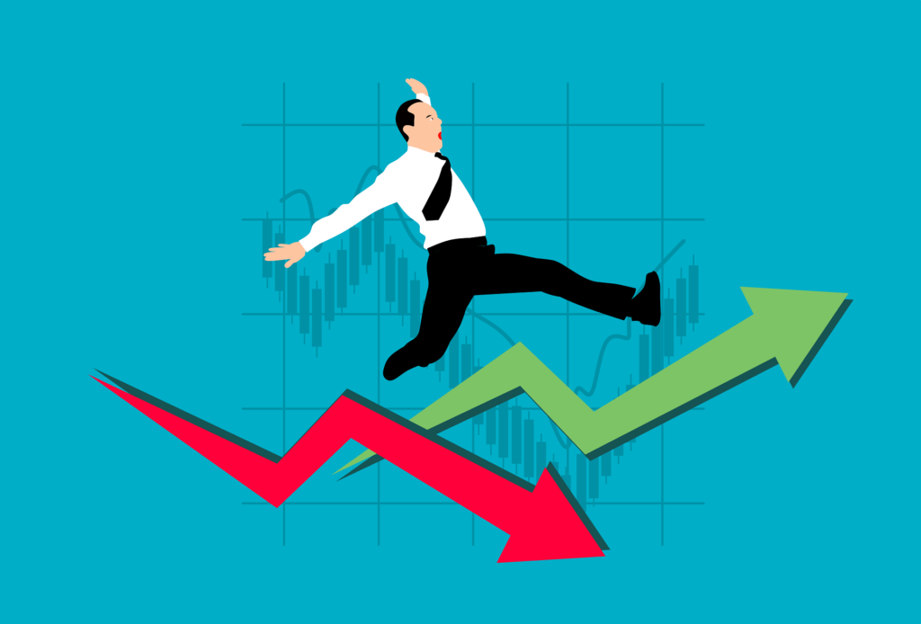 Website designing in Surat: Image illustrating the Allianz Risk Barometer 2023, showing a man jumping over upward and downward trending arrows."