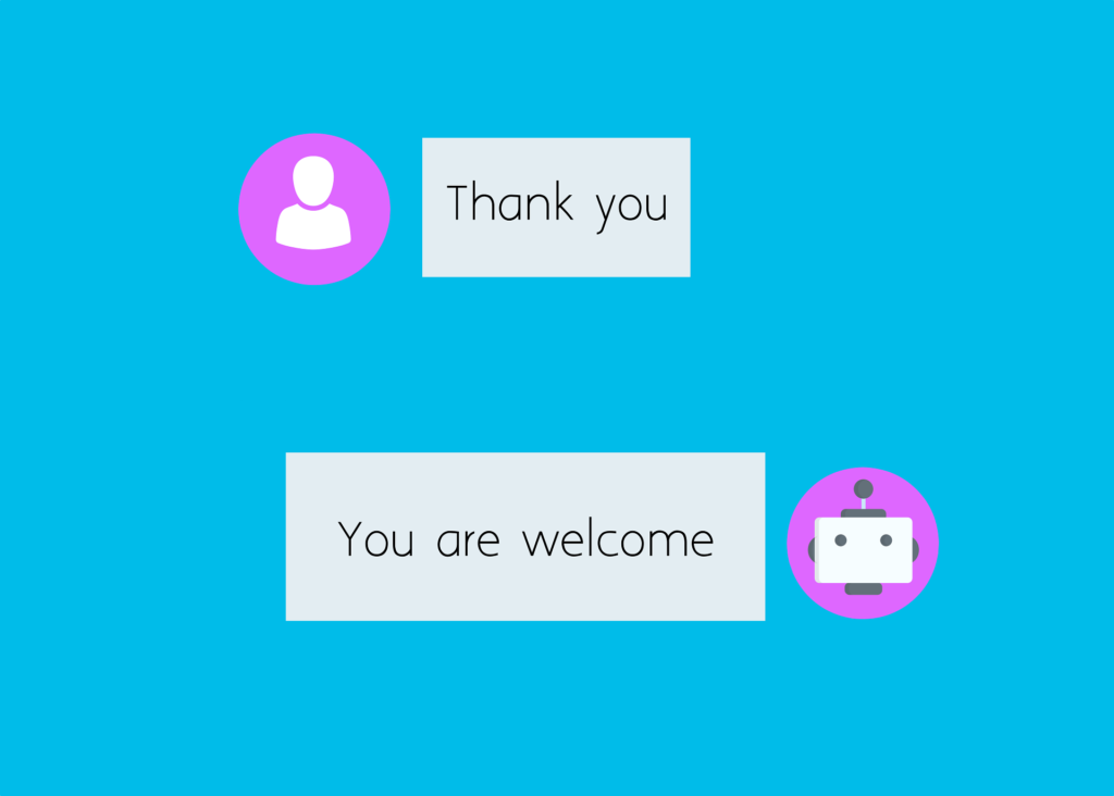 It shows a blue window with two text boxes. The first box contains the text "Thank you" and the second box contains the text "You are welcome". There are also icons of a person and a robot on either side of the text boxes.