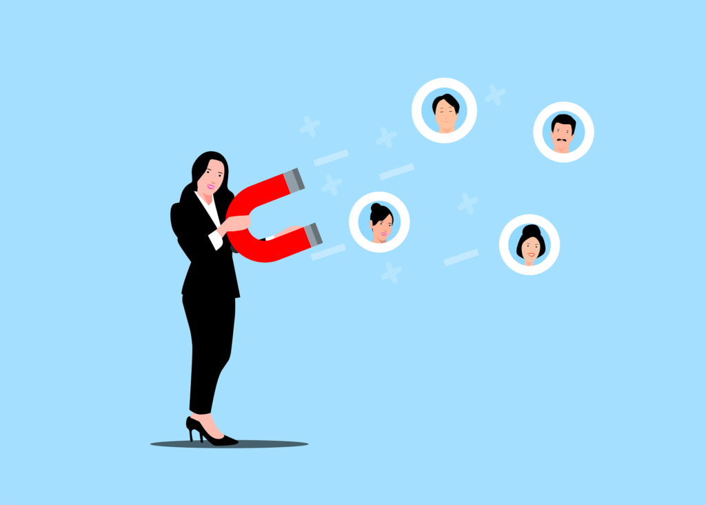 Businesswoman holding a large magnet attracting illustrated customer profiles, symbolizing lead generation and customer attraction through SEO services in Surat.