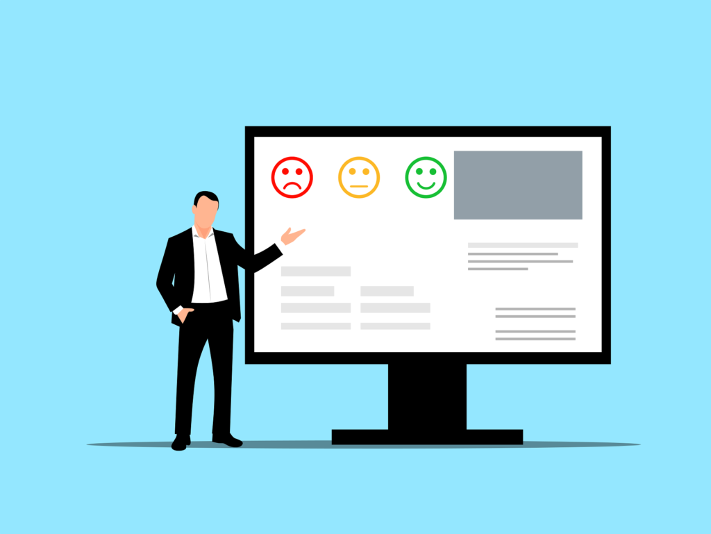Email Marketing Agency: Illustration of a businessman pointing at a computer screen displaying three face icons representing different customer satisfaction levels—sad (red), neutral (orange), and happy (green)—with text and graphic elements, symbolizing customer feedback analysis or performance metrics.