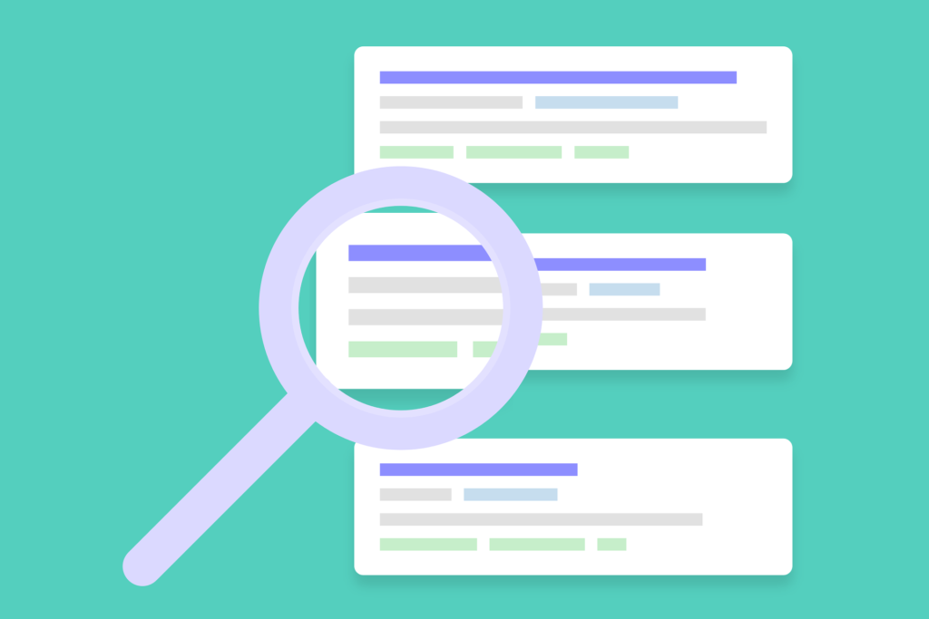 Illustration of search engine results with a magnifying glass highlighting ads, representing Google Ads campaigns; ideal for a Google Ads Agency in Surat.