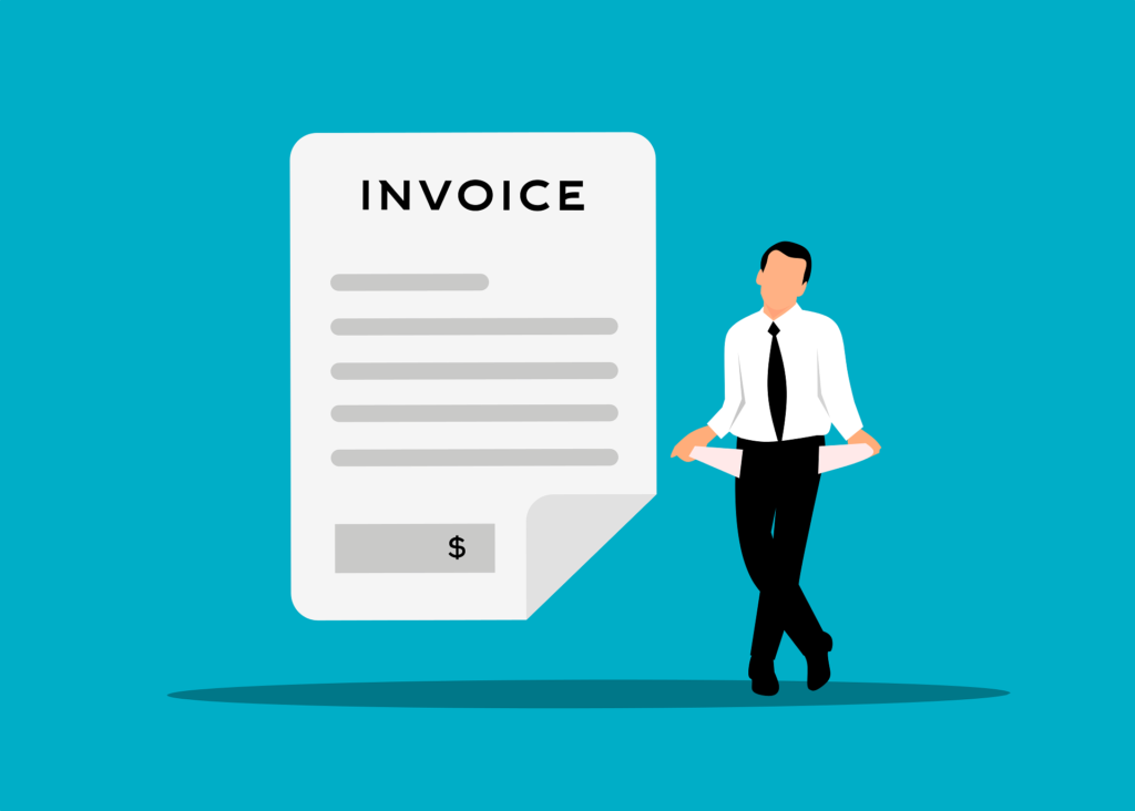 a businessman standing beside a large invoice document, symbolizing transparent billing and PPC cost tracking; relevant for a Google Ads Agency in Surat.