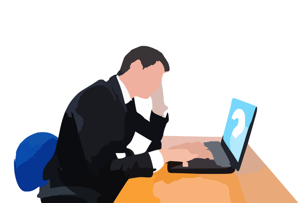 Facebook ads agency near me. The image shows an illustration of a man with dark hair and a suit, resting his head on his hand while looking at a laptop. The laptop screen displays a question mark. Below the illustration, the text "Cost-Effective Advertising" is visible, suggesting a focus on affordable Facebook ad solutions.