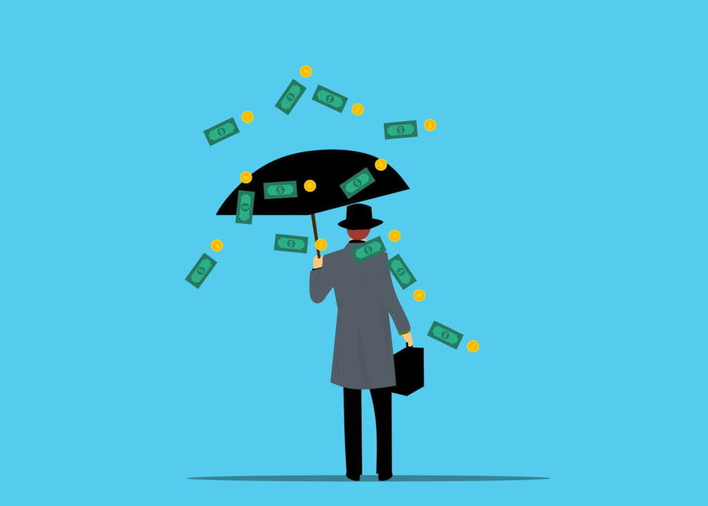 a person holding an umbrella while money and coins rain down, symbolizing high returns from digital ad investments; relevant for a Google Ads Agency in Surat.