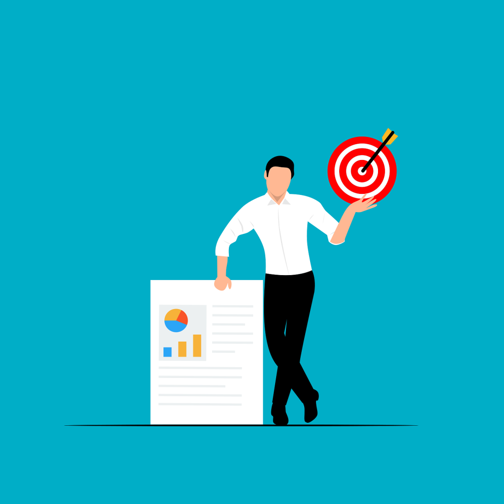 business-7047158_1920 (1) Illustration of a man in business attire holding a dartboard with arrows hitting the bullseye, standing next to an analytics chart—representing goal-oriented strategy for website designing in Surat.